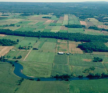 Aerial view of the Chateauguay River that flows southwest of Montreal across the US border